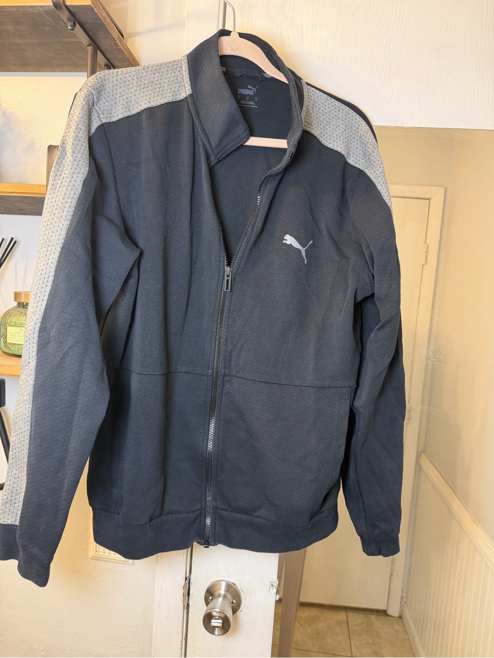Puma Men's Black Jacket with Light Gray Shoulder Panels
